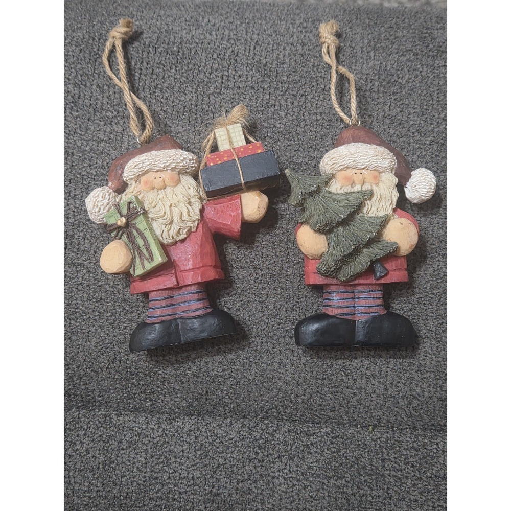 Set Of 2 Vintage 1997 Crazy Mountain Santa Claus Ornaments W/ Gifts & Tree 90s